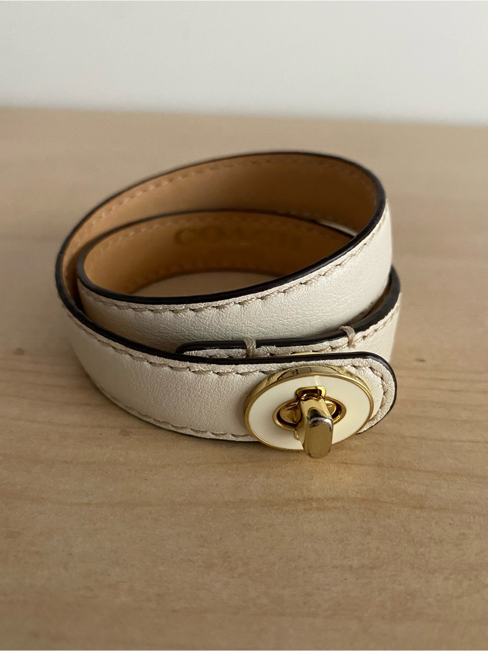Coach Cream Double-Wrap Leather Bracelet with Gold Turn-Lock